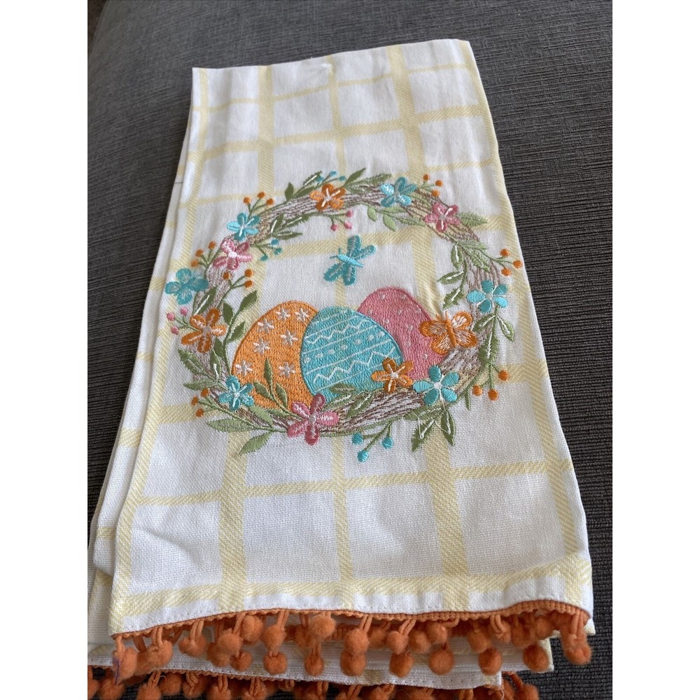 TABITHA WEBB  KITCHEN DISH TOWELS 2 WHITE YELLOW WREATH EGGS  20 X 28 COTTON NWT
